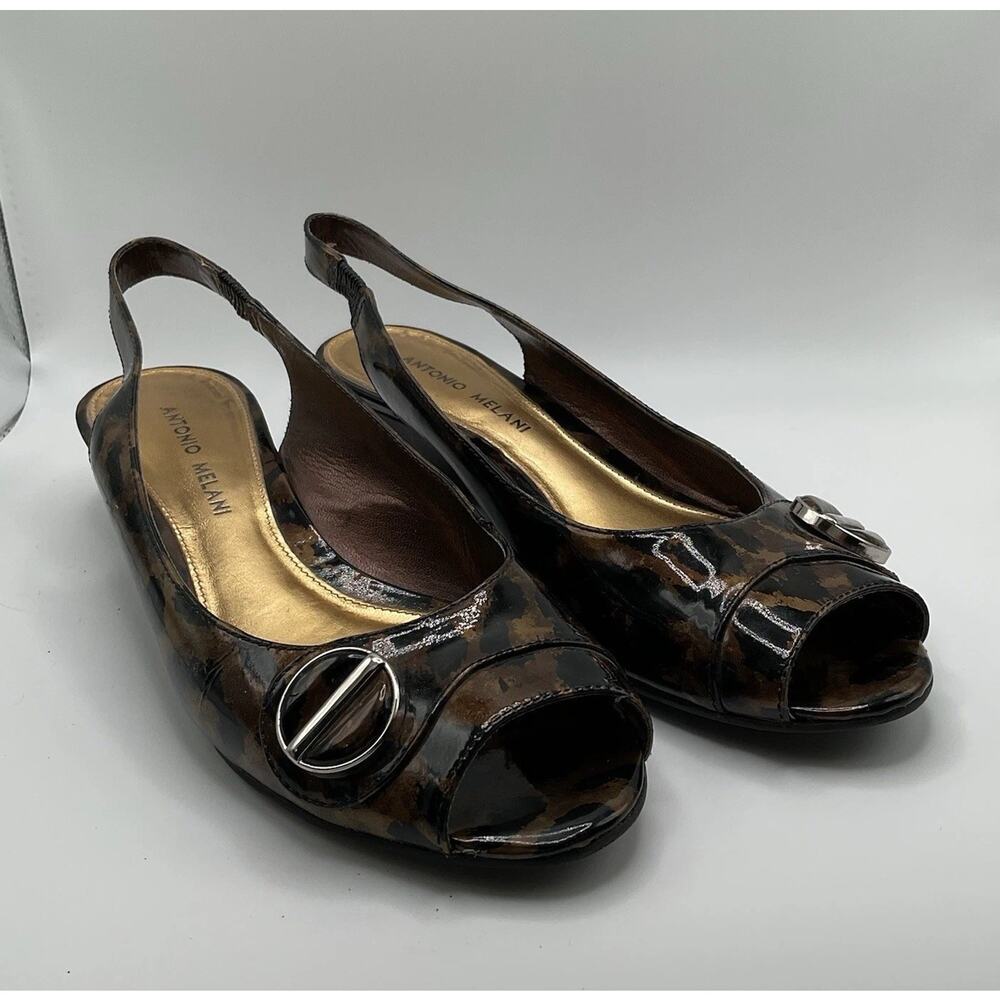 Antonio Melani Shoes Womens 8M Leopard Slingback Peep Toe Low Wedge Heel Slip On